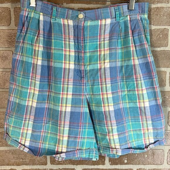 Talbots Plaid Cotton Shorts Size 14 Vintage Pleated - Picture 1 of 7